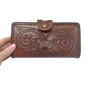 Vintage Western Hand Tooled Whipstitched Bifold Brown Wallet